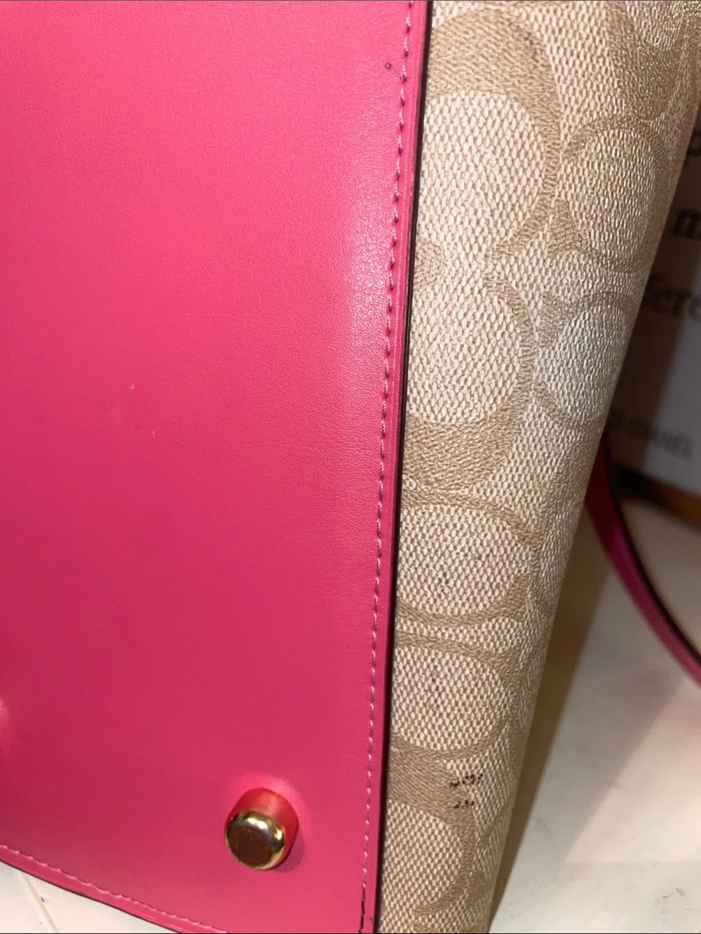 Coach Beige Signature Tote with Pink Handles